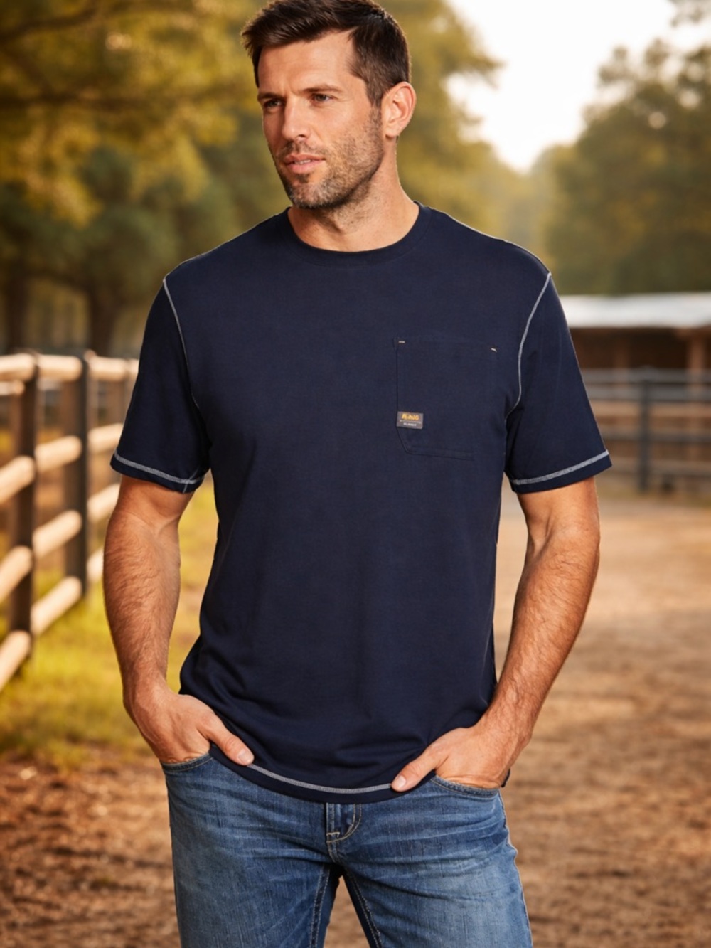 Ariat Navy Short-Sleeve Pocket Tee with Contrast Stitching